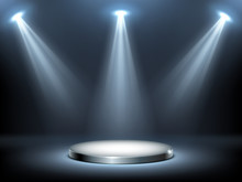 Round Podium Or Stage In Rays Of Spotlights, Realistic Vector Illustration. Pedestal For Winner Or Award Ceremony, Empty Platform For Presentation, Performance Or Show At Night Club, Soon Coming