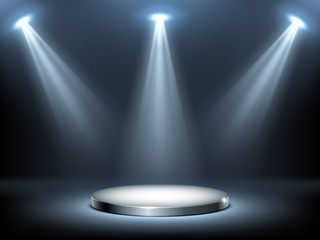 Wall Mural - round podium or stage in rays of spotlights, realistic vector illustration. pedestal for winner or a