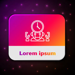 Poster - White line Robot and digital time manager icon isolated on black background. Time management assistance, workflow optimization help. Rectangle color button. Vector Illustration