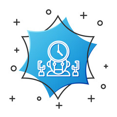 Poster - White line Robot and digital time manager icon isolated on white background. Time management assistance, workflow optimization help. Blue hexagon button. Vector Illustration