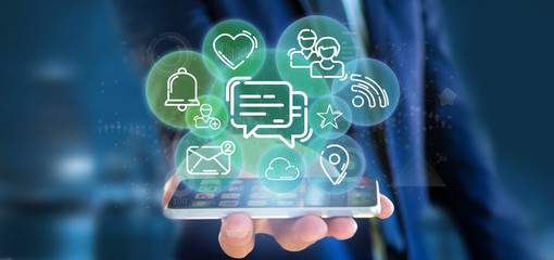 Poster - Businessman holding a cloud of social media network icon
