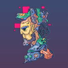Character Face In Futuristic Virtual Style. Cyber Punk Vector Illustration. Cartoon Art For Web And Print. Trendy Cyber Art Poster.