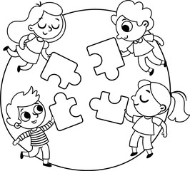 Wall Mural - Make a Puzzle- Black and White. Four children are coming together for make a big puzzle. Vector illustration.