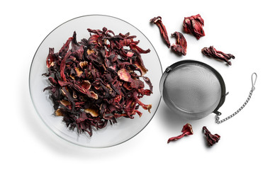 Wall Mural - Hibiscus tea for making a drink on a white background