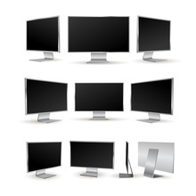 Set Of Modern All-in-one Desktop Personal Computers With Blank Front Face, Aluminium Unibody Mockup. Three Computers Display With Blank Screen, 3d Vector Illustration. Isolated On White Background.