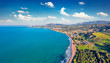 canvas print picture - View from flying drone. Aerial morning view of Sciacca town, province of Agrigento, southwestern coast of Sicily, Italy, Europe. Superb spring seascape of Mediterranean sea. 