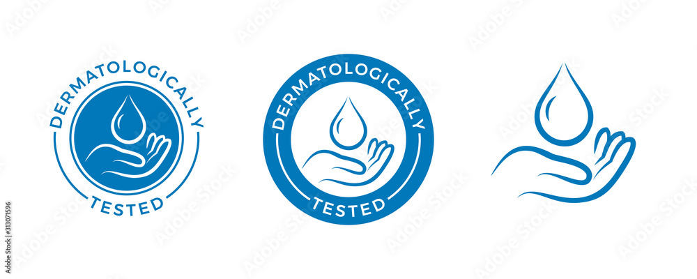 Dermatologically tested vector label with water drop and hand logo. Dermatology test, dermatologist clinically proven icon for allergy free and healthy safe product package tag - obrazy, fototapety, plakaty 