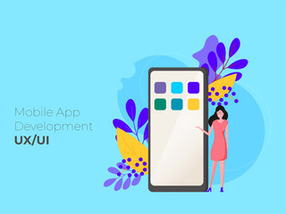 Poster - Mobile application development concept illustration with teamwork programmers and mobile phone
