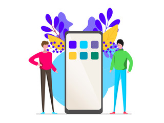 Poster - Mobile application development concept illustration with teamwork programmers and mobile phone