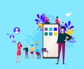 Poster - Mobile application development concept illustration with teamwork programmers and mobile phone