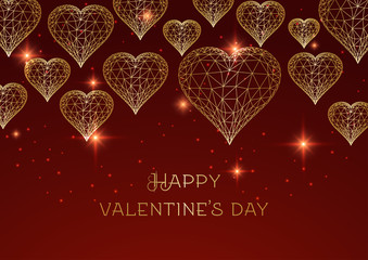 happy valentines day banner with glowing low polygonal golden hearts on red background.