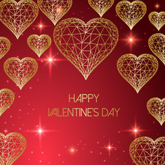 Wall Mural - Happy Valentines Day greeting card with glowing low polygonal golden hearts on red background.