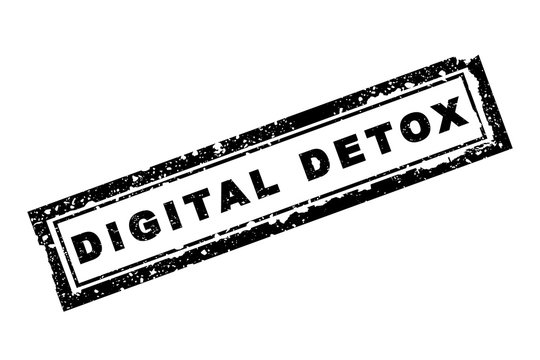 digital detox text in grunge black stamp isolated on white background, stock vector illustration clip art template