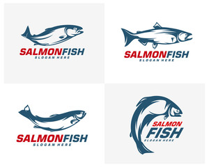  Salmon Fish logo design vector. Fishing logo design template illustration . Sport fishing Logo
