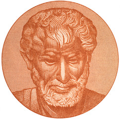 Wall Mural - Aristotle portrait on 10000 Greece drachma (1947) banknote isolated on white. Genius Ancient Greek philosopher, tutor of Alexander the Great.