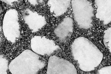 The Stone block walk path closeup in black and white at the park with meadow grass background