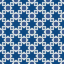 Classic Blue Ornate Seamless Vector Pattern Of Moorish Tile Decorations. Tileable Mosaic Background In Islamic Style.