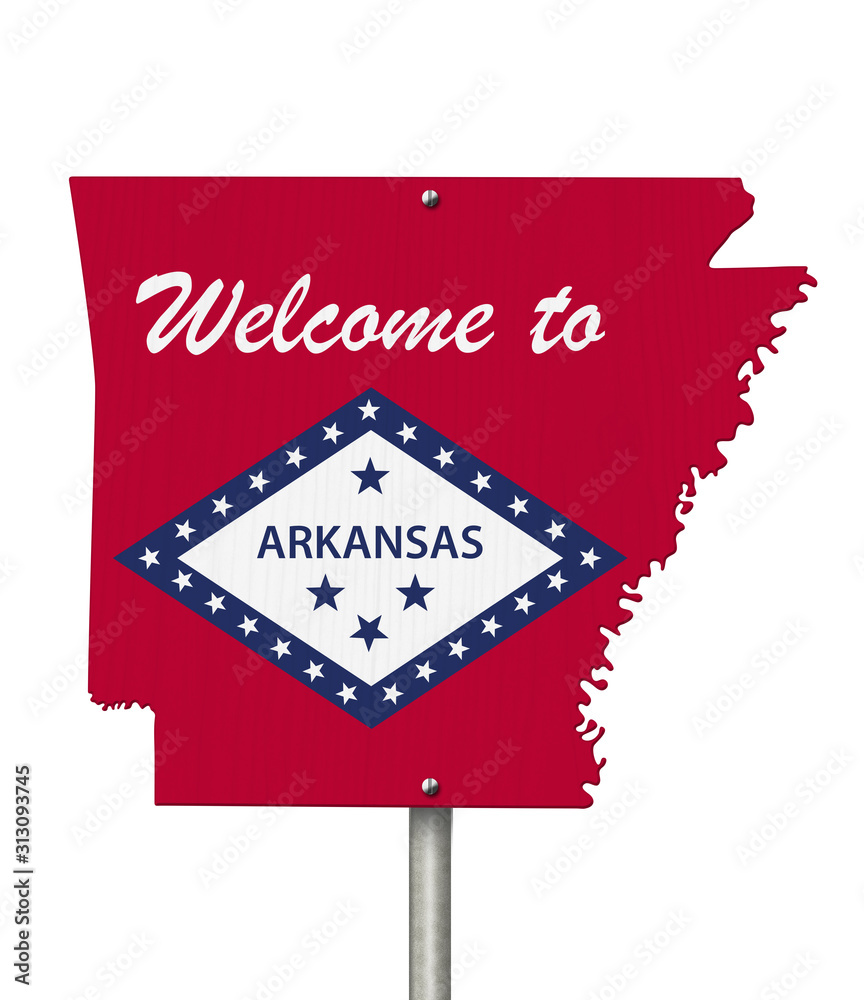 Welcome to the state of Arkansas road sign in the shape of the state ...