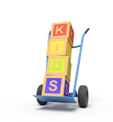 Poster - 3d rendering of colorful alphabet toy blocks showing 'PLAY' sign on a hand truck