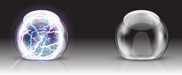 Glass dome, electric ball or sphere realistic vector. Glass round dome, empty crystal globe, transparent container or presentation case with lightning, reflection, illustration isolated on background