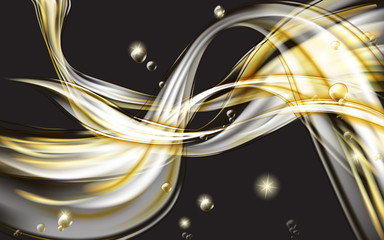 Poster - Yellow golden flowing liquid vector abstract background, oil texture on black. Streams of oil, honey or fluid with light element.