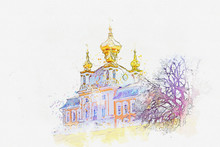 Watercolor Drawing Of Grand Palace At Peterhof Palace Saint Petersburg Russia.