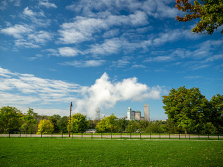 Niagara Falls, New York state, United States of America and Canada - edge of Niagara falls, town from American and Canadian city side, falling water and mist