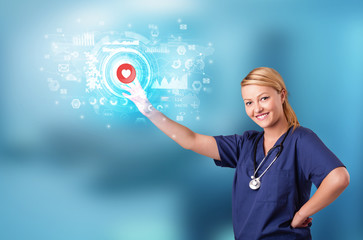 Poster - Doctor touching hologram screen displaying medical symbols and charts