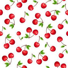 Vector Seamless Pattern With Red Cherry Berries On A White Background.