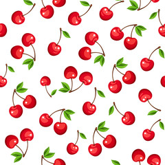 Vector seamless pattern with red cherry berries on a white background.