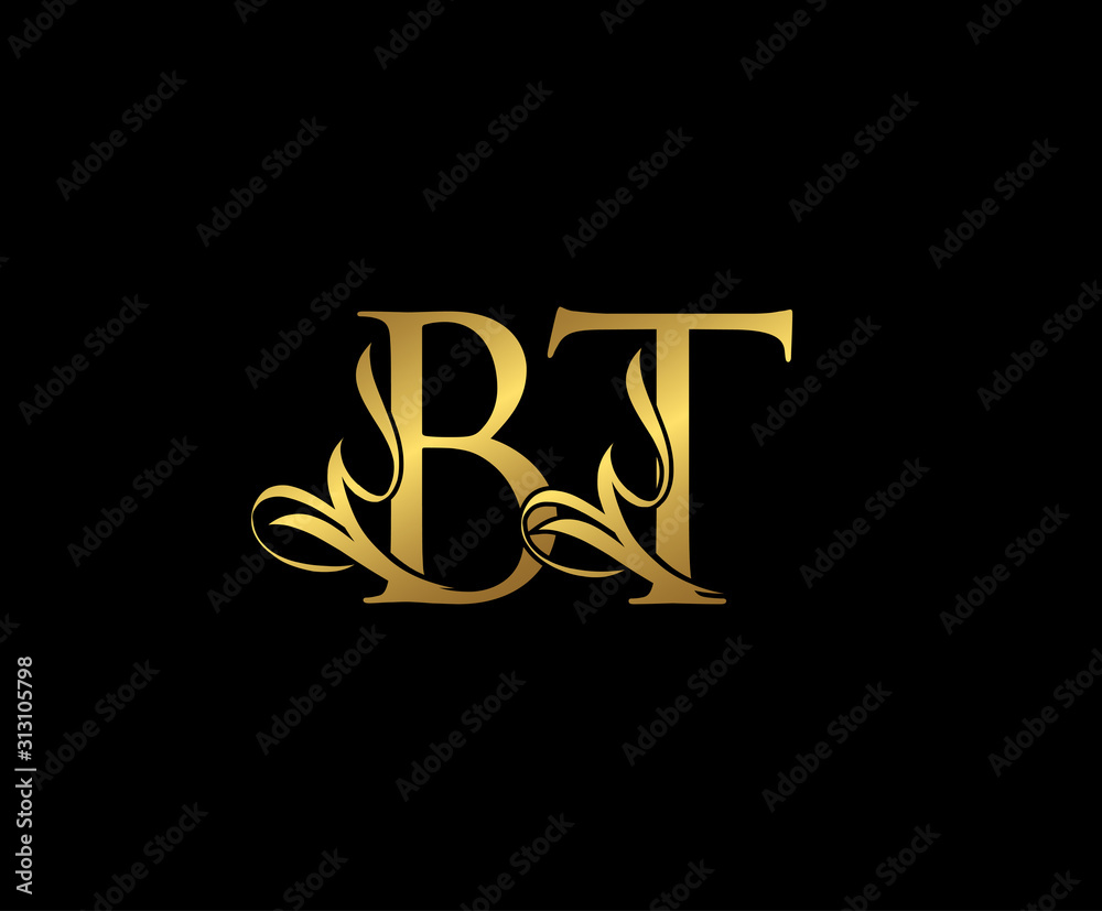 Classy letter B , T and BT Vintage Gold Floral Logo Icon, overlapping ...