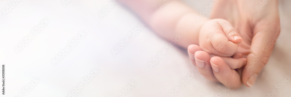 A little baby hand in mothers palm on white background, banner with free copy space - obrazy, fototapety, plakaty 