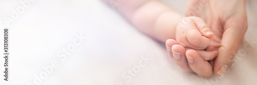 Fotomural A little baby hand in mothers palm on white background, banner with free copy sp