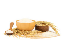 Isolated Of White Rice And Paddy Rice In Wooden Bowl And Brown Wooden Spoon And Unmilled Rice With Ear Of Rice On White Background