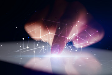 Poster - Finger touching tablet with global network concept and dark background