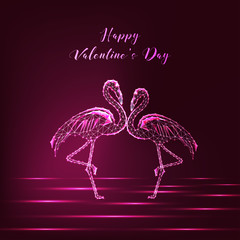 Wall Mural - Happy Valentines day greeting card with couple of glowing low polygonal dancing flamingos.