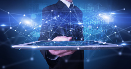 Poster - Elegant hand holding tablet with virtual database and network concept