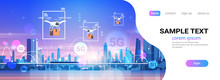 Drones Flying Over City 5G Online Communication Network Wireless Systems Connection Express Delivery Concept Fifth Innovative Generation Of Internet Cityscape Background Horizontal Copy Space Vector