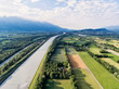 Aerial shot of the Rhine River who divides Switzerland and Liechtenstein