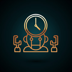 Poster - Gold line Robot and digital time manager icon isolated on dark blue background. Time management assistance, workflow optimization help. Vector Illustration