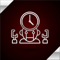 Poster - Silver line Robot and digital time manager icon isolated on dark red background. Time management assistance, workflow optimization help. Vector Illustration