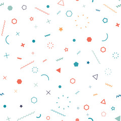 Fototapete - Cute seamless background. Memphis pattern. Flat concept. Fashion 80s-90s. Retro funky graphic. School geometric print illustration element. Repeat banner. Vector template. Minimalist color backdrop
