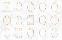 Gold Geometric Polygonal Frames. Decorative Lines Borders. Luxury Design Elements For Wedding Invitation, Blog Posts, Banner, Celebration, Card, Save The Date, Poster, Flyer	