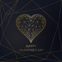 Wall Mural - Happy Valentines Day greeting card with glowing low polygonal golden heart on black background.