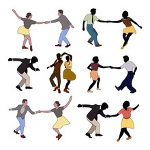 Swing Jazz Party. Set Of Three Dancing Couples Isolated On White In Cartoon Style.People In 40s Or 50s Style. Men And Women On Swing,jazz,lindy Hop Or Boogie Woogie Party. Vector Vintage Illustration.