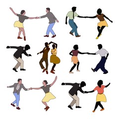 Swing jazz party. Set of three dancing couples isolated on white in cartoon style.People in 40s or 50s style. Men and women on swing,jazz,lindy hop or boogie woogie party. Vector vintage illustration.