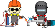 Vector Cartoon Cute Kids Welder And Metal Cutter With  Welding Torch And Oxy Acetylene Torch