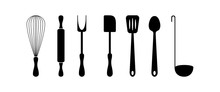 Cookware Set. Black Silhouette Objects Isolated On White Background. Kitchen Supplies. Vector Illustration.
