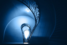 Modern Blue Spiral Staircase. Concept Color Of The Year.
