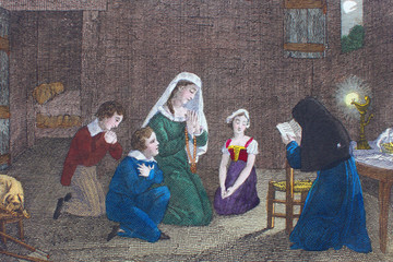 Woman and children pray with a old woman in a vintage book La Ca